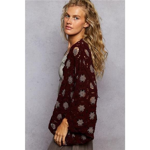 POL Openwork V-Neck Chenille Cardigan with Contrast Floral - Picture 3 of 5